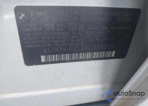 2009 BMW X5 xDrive30I из США, поврежденный, VIN 5UXFE43539L038505